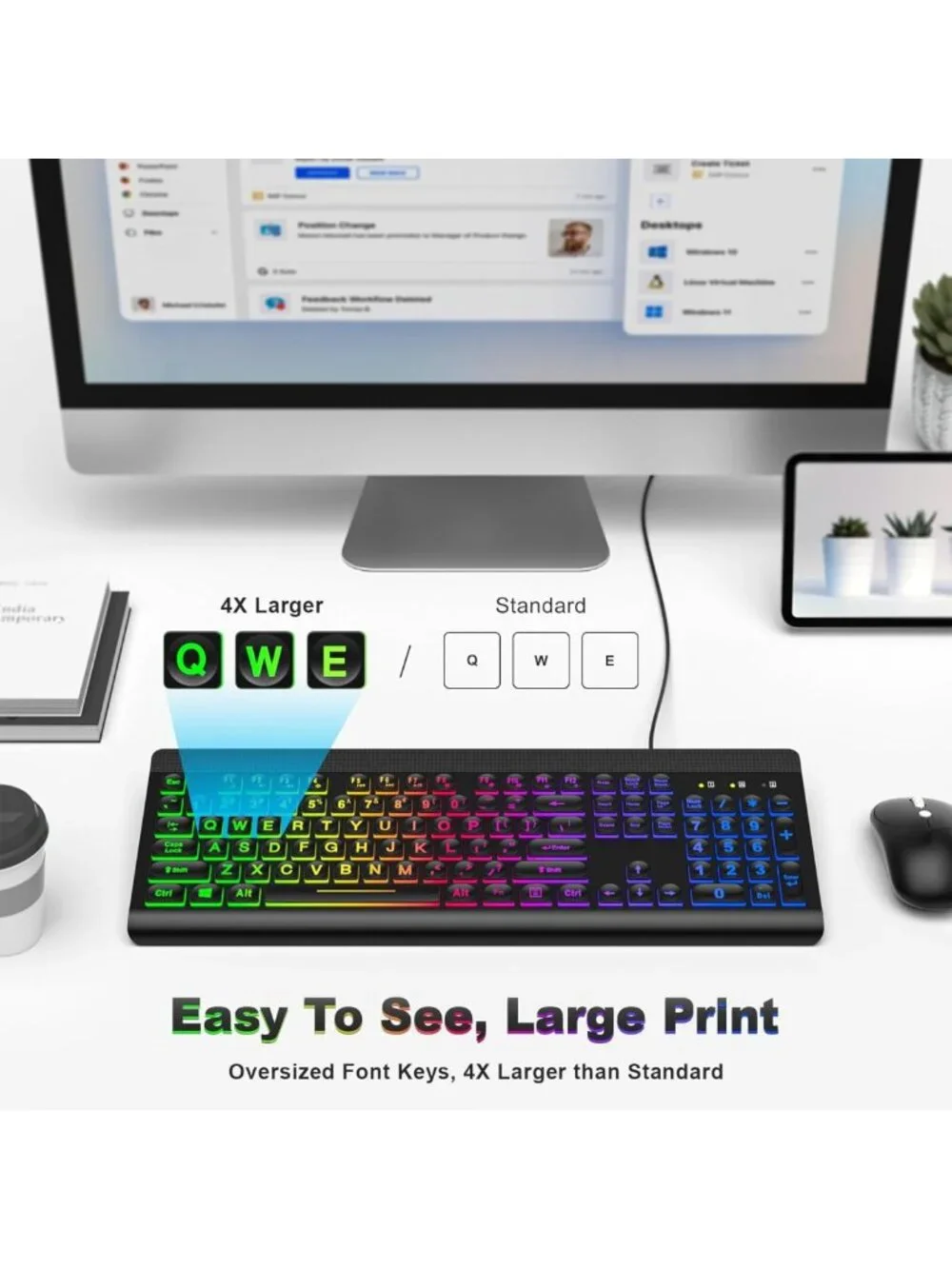 Large Print Backlit USB Keyboard - Full Size Rainbow LED for PC, Laptop & Gaming